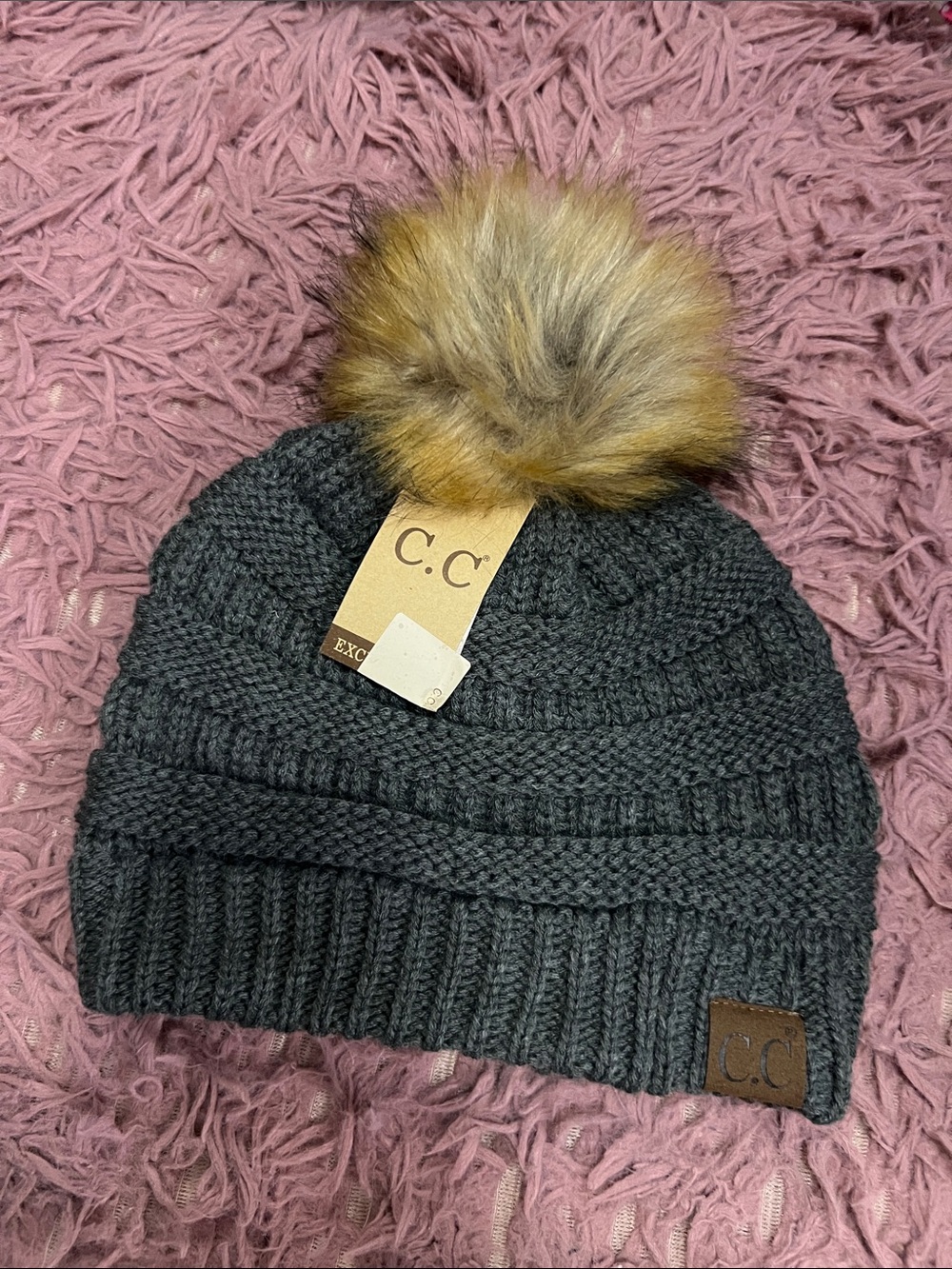 NWT C.C Charcoal Beanie with Faux Fur Pom